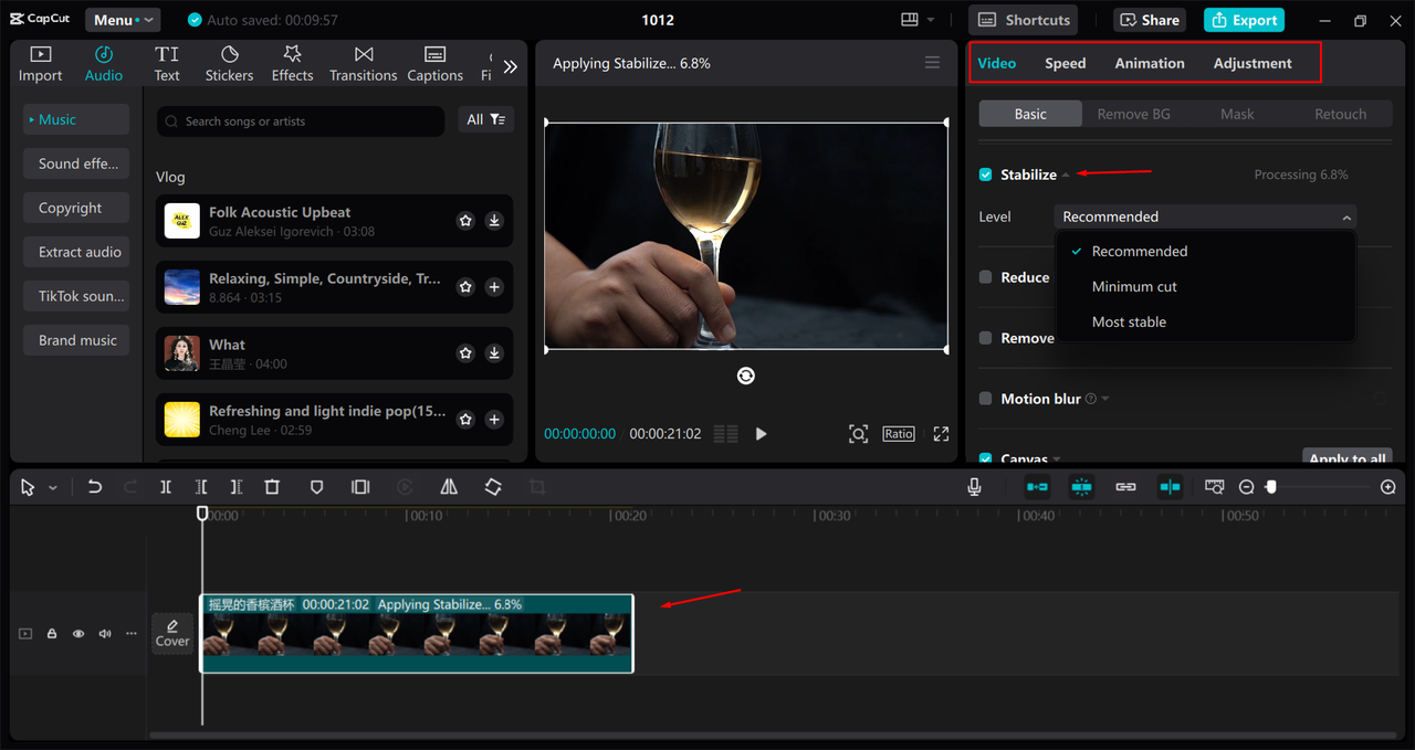 Stabilizing a video in the CapCut desktop video editor