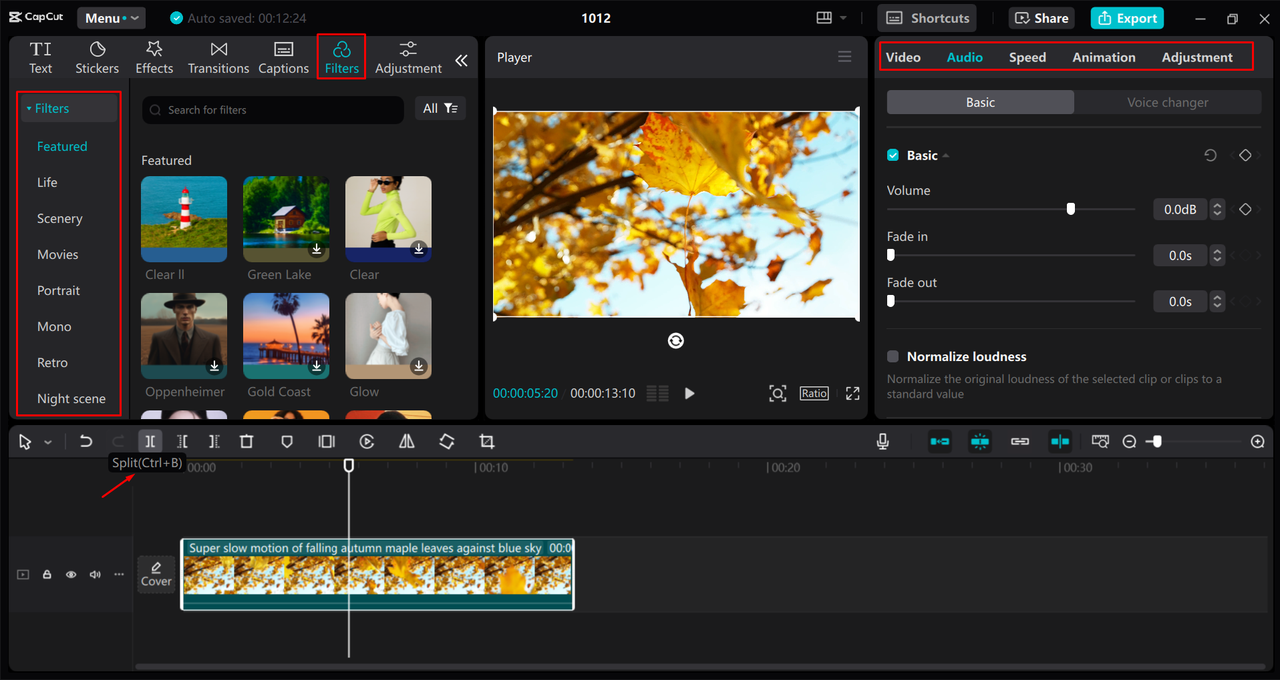 Editing a video with the advanced tool in the CapCut desktop video editor