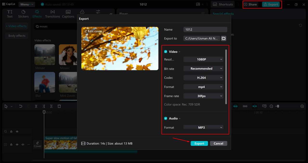 Exporting a video from the CapCut desktop video editor