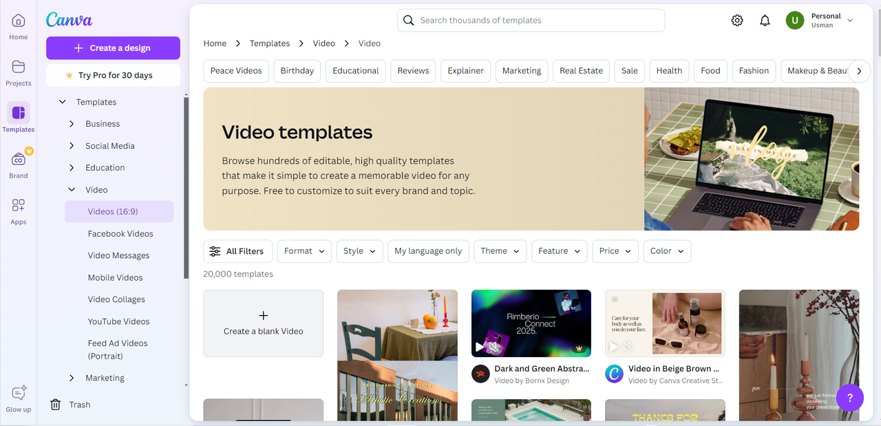 Choosing a suitable video template in Canva