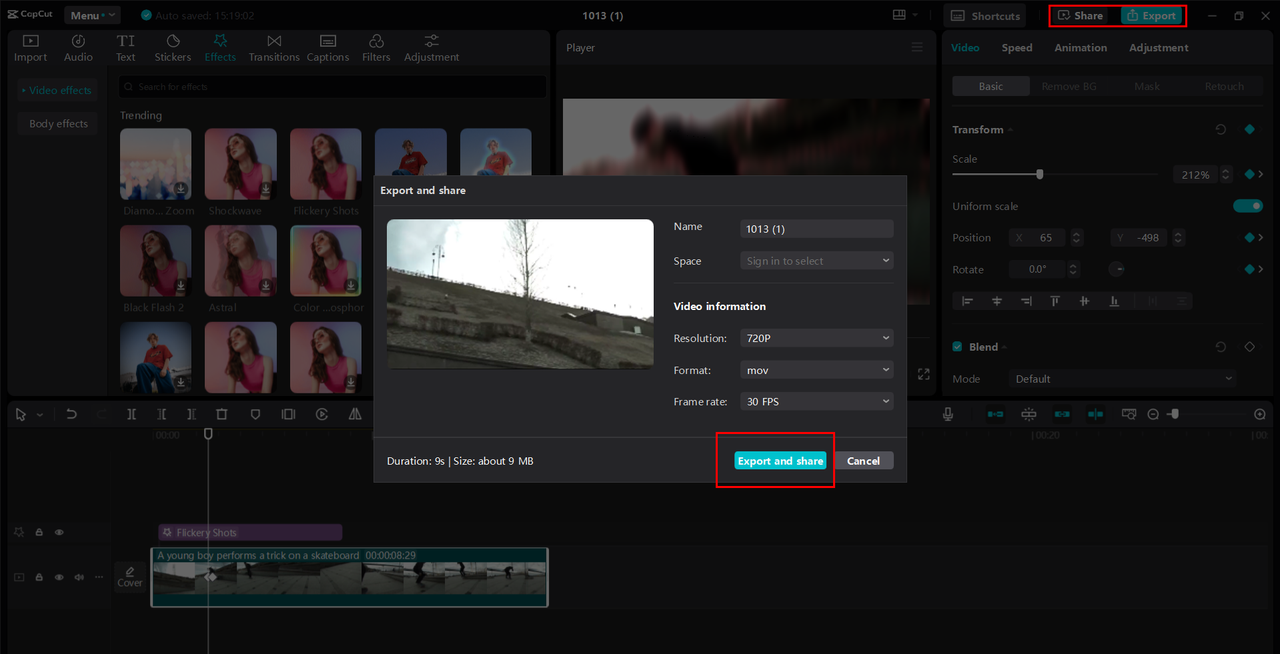 Exporting or sharing the video from CapCut