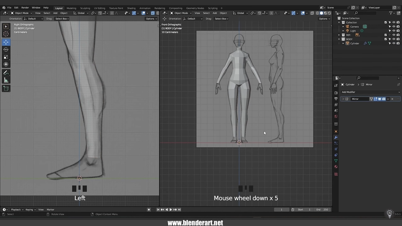 Blender 3D software tutorial showing how to modify body parts 