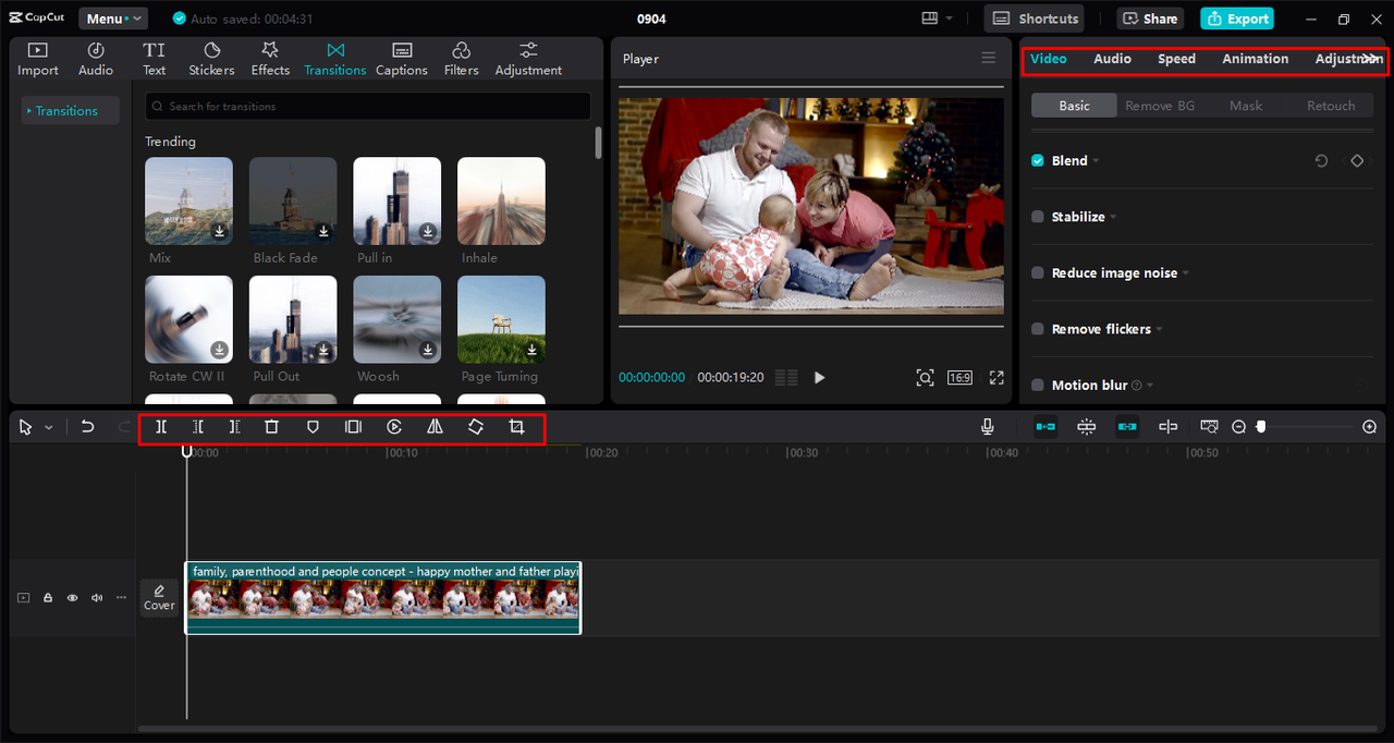 Fine-tuning the video using various tools in the CapCut desktop video editor