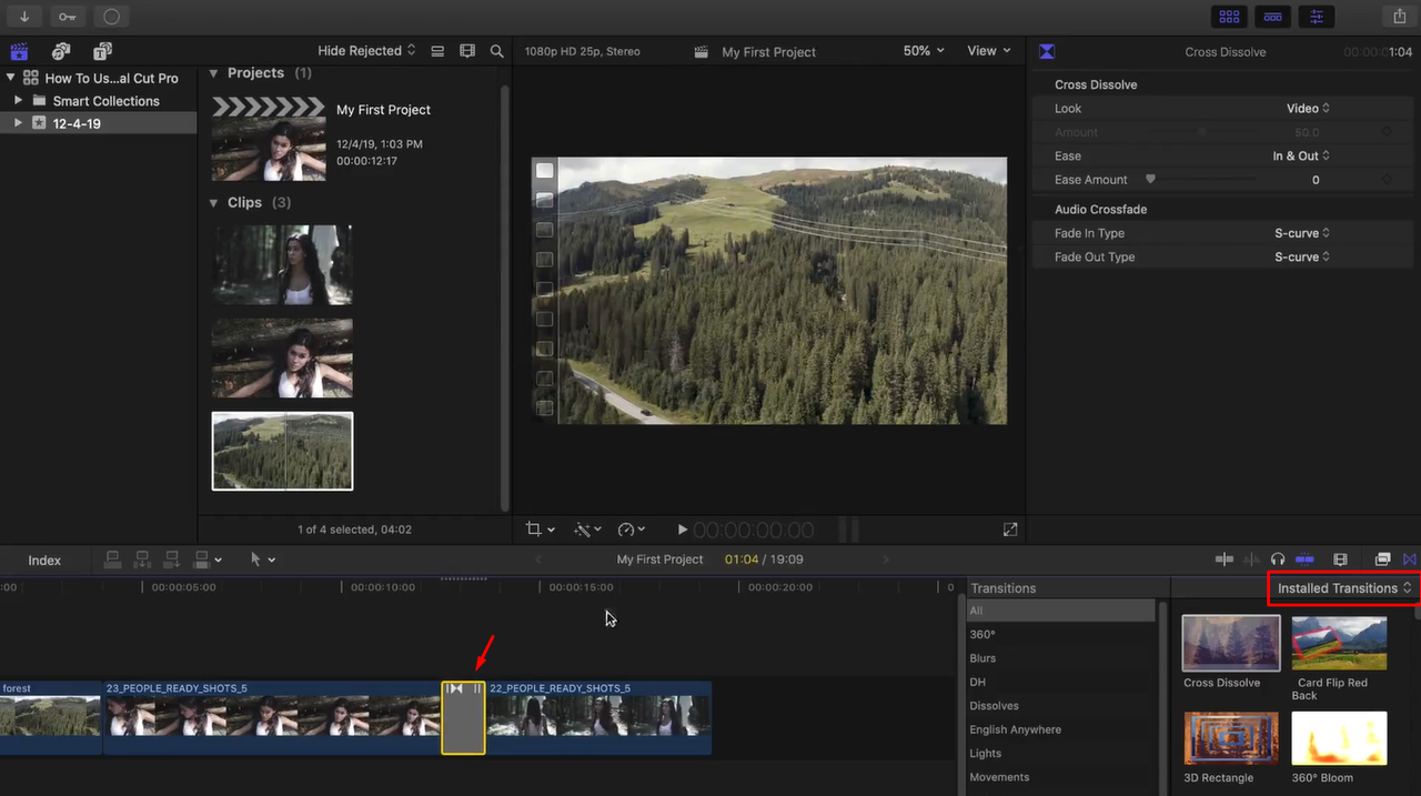 FCP X tutorial showing how to Add a transition between clips 