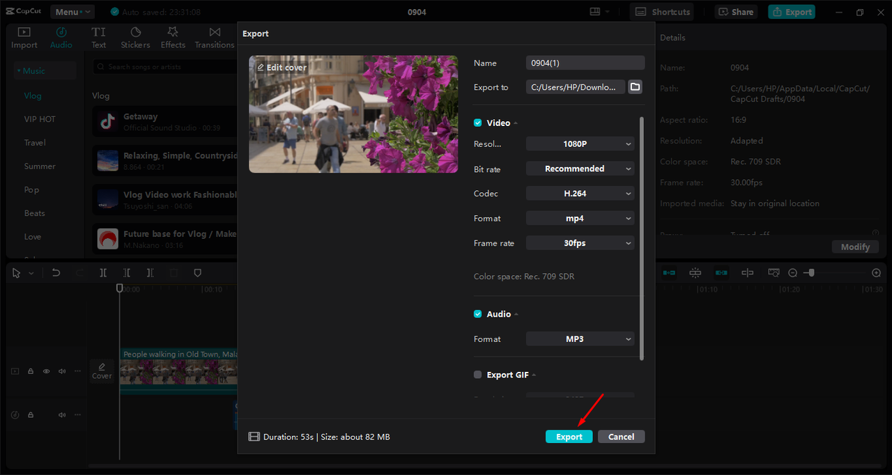 Exporting the video in the CapCut desktop video editor 