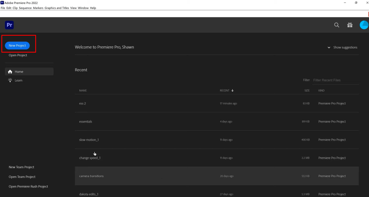 Creating a new project in Adobe Premiere Pro