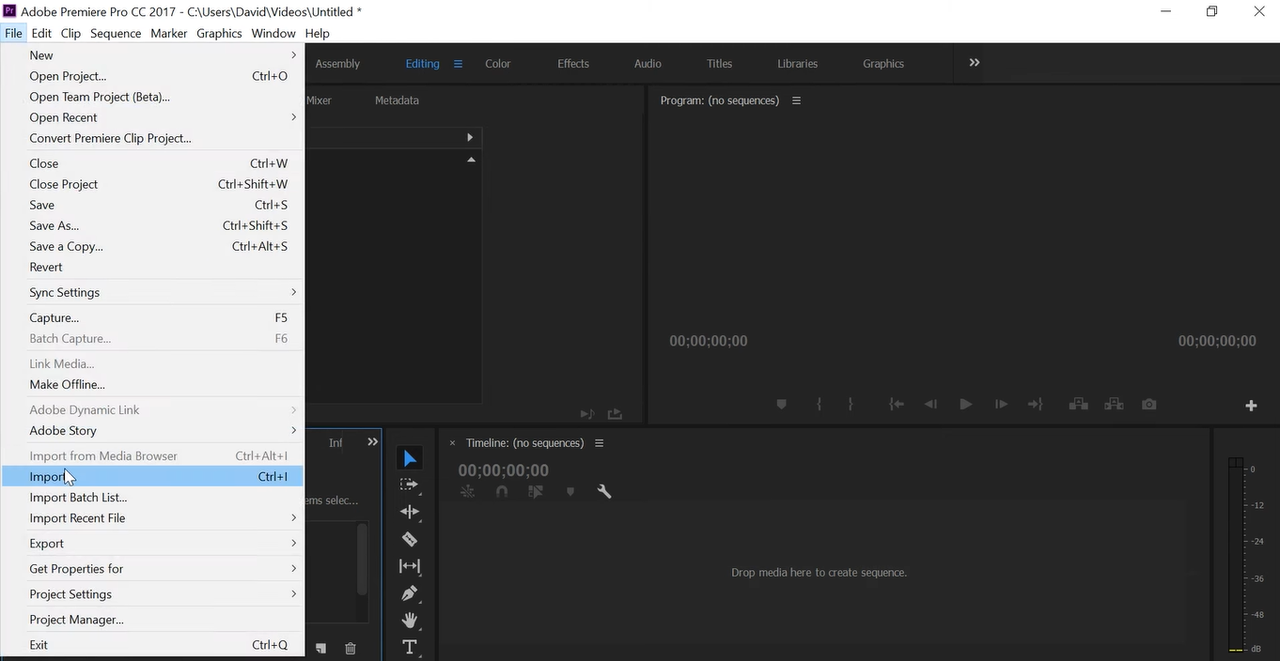 Adobe Premiere Pro tutorial showing how to import the video