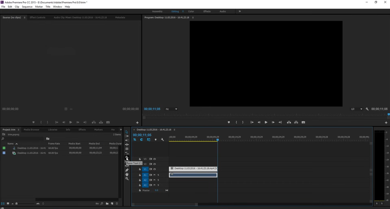 Adobe Premiere Pro basic tutorial showing how to edit the video with splitting and trimming tools in 