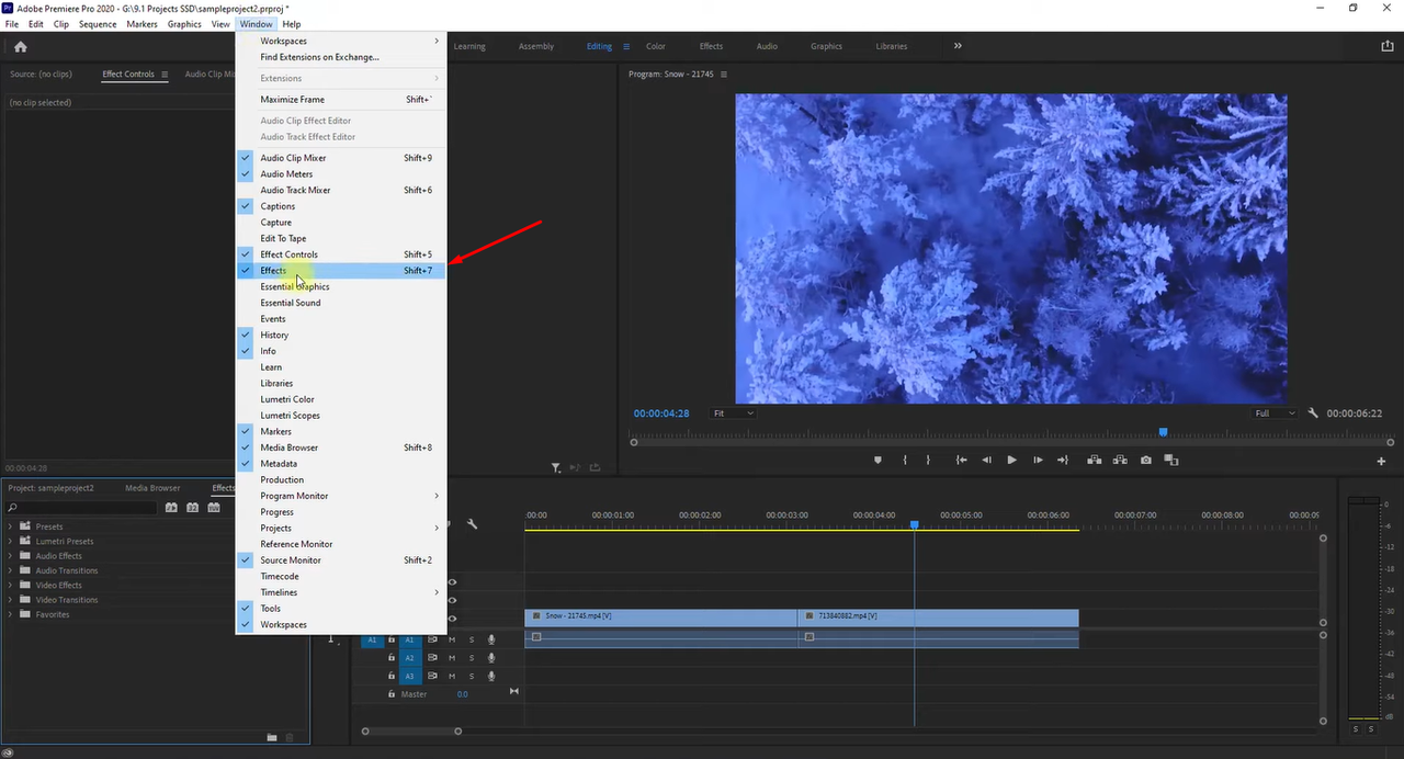 Adobe Premiere basic tutorial showing how to add transitions and effects between video clips