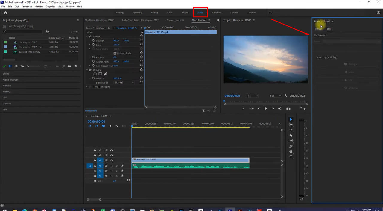 Premiere Pro editing tutorial showing how to adjust audio levels in the video