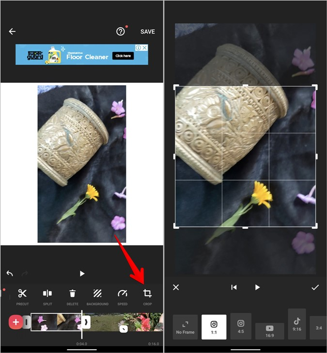 InShot tutorial showing video cropping