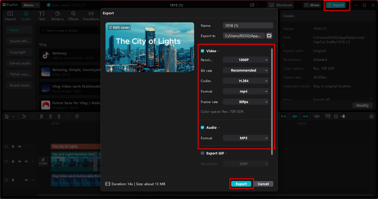 Exporting the video from the CapCut desktop video editor