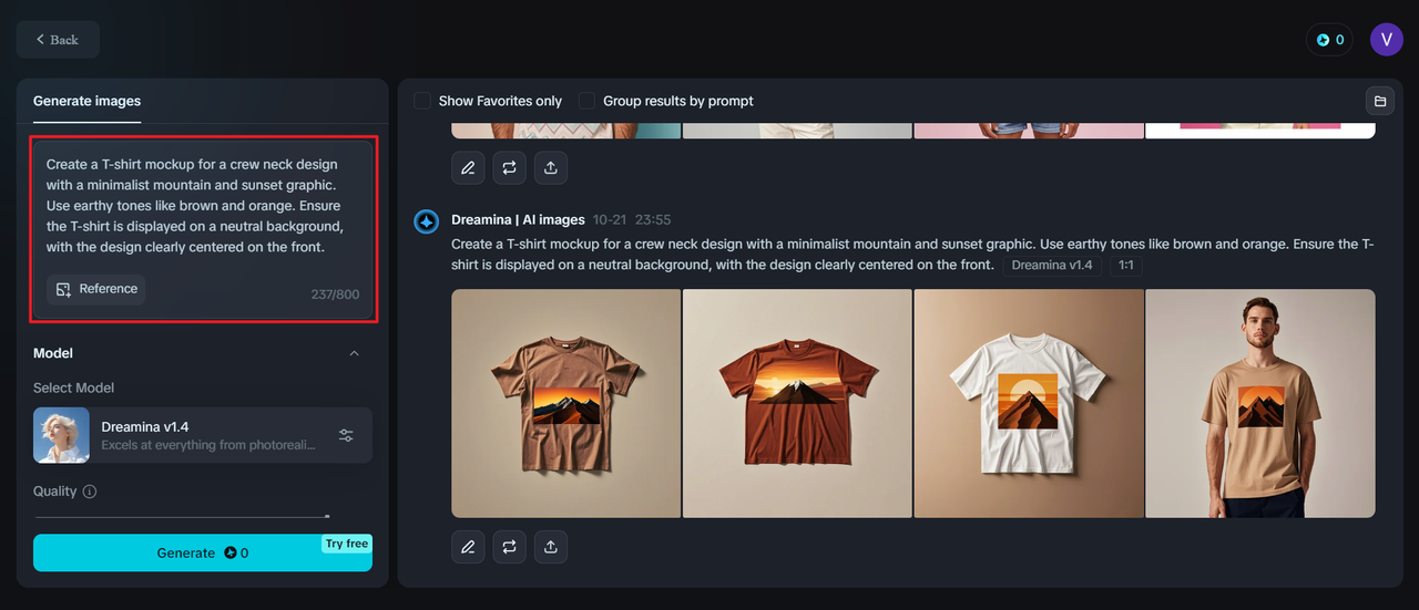 Write your prompt in Dreamina's t shirt mockup online generator