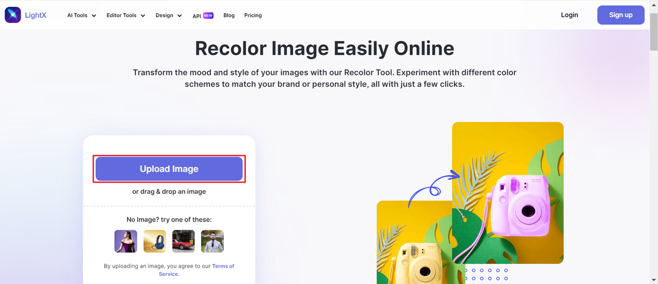 Click "Upload Image" to add your image and access LightX online recolor image editor