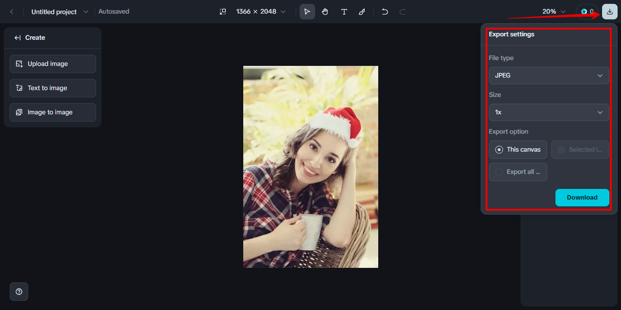 Exporting image with Santa hat from Dreamina