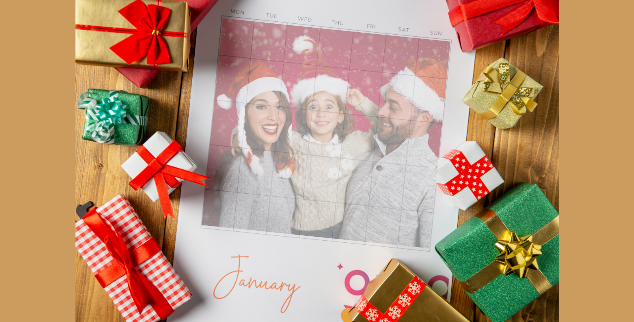 Personalized calender featuring family picture wearing Santa hats