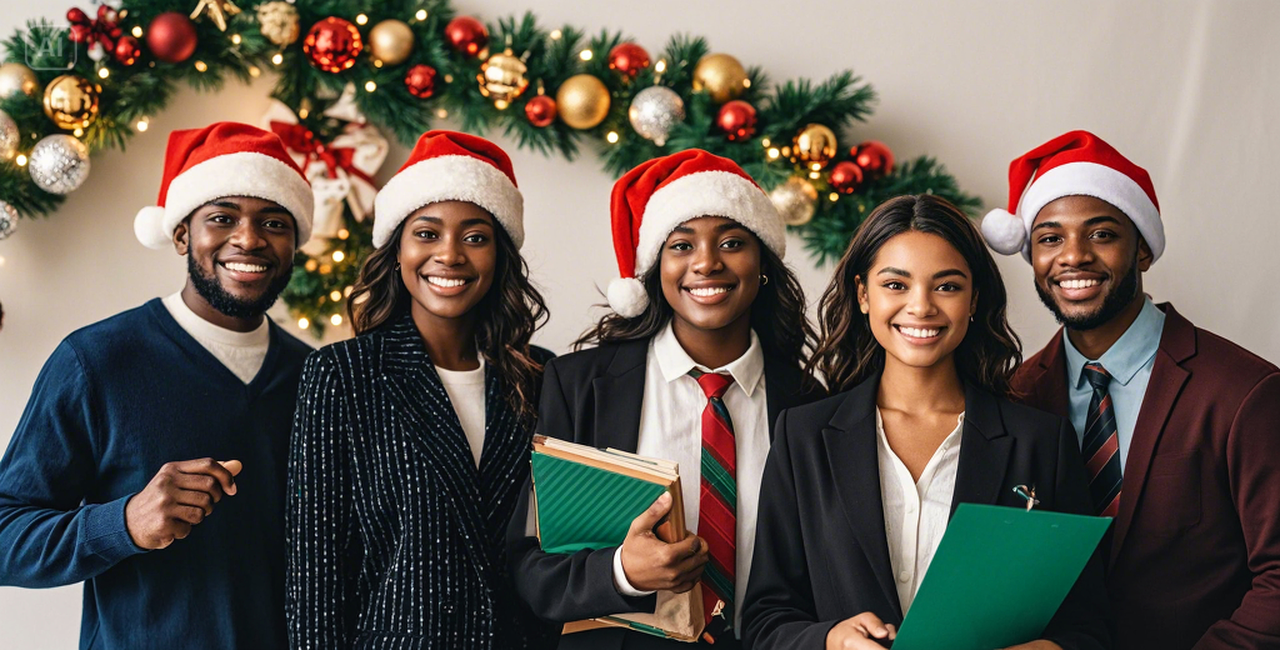 Office team photo featuring Christmas hats