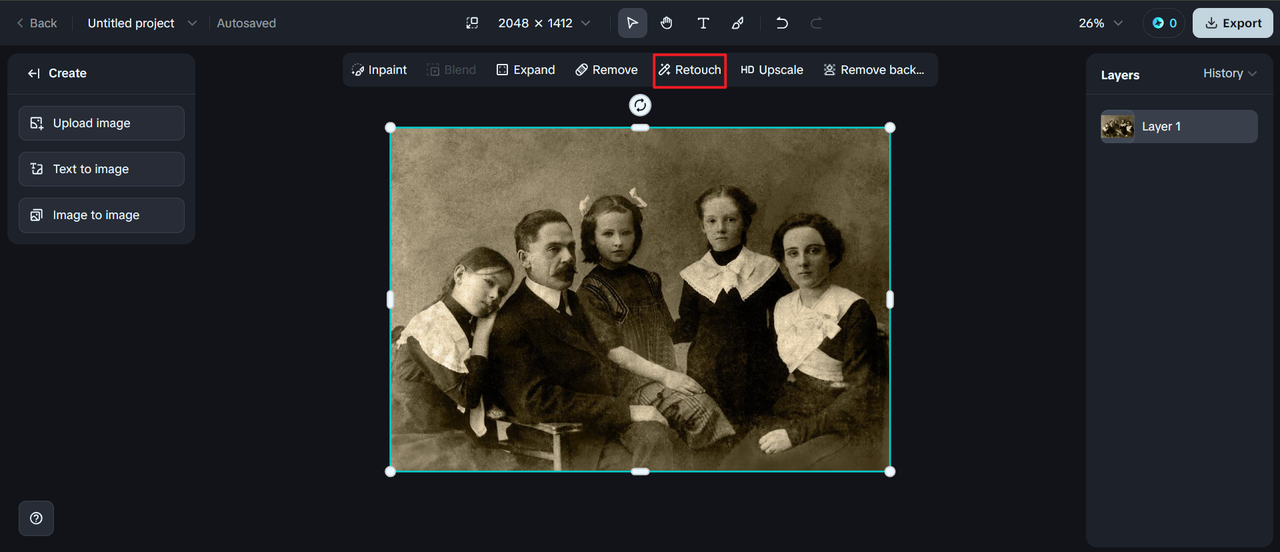 Click on "Retouch," Dreamina's AI picture restore tool 