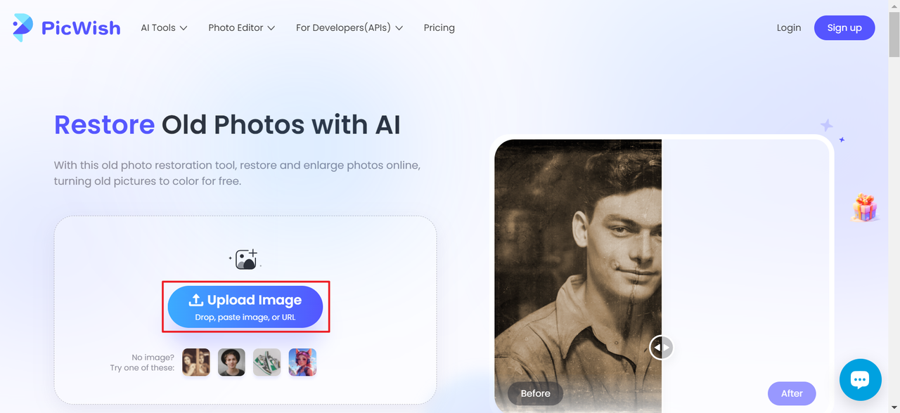 Click "Upload Image" to AI restore photos with PicWish