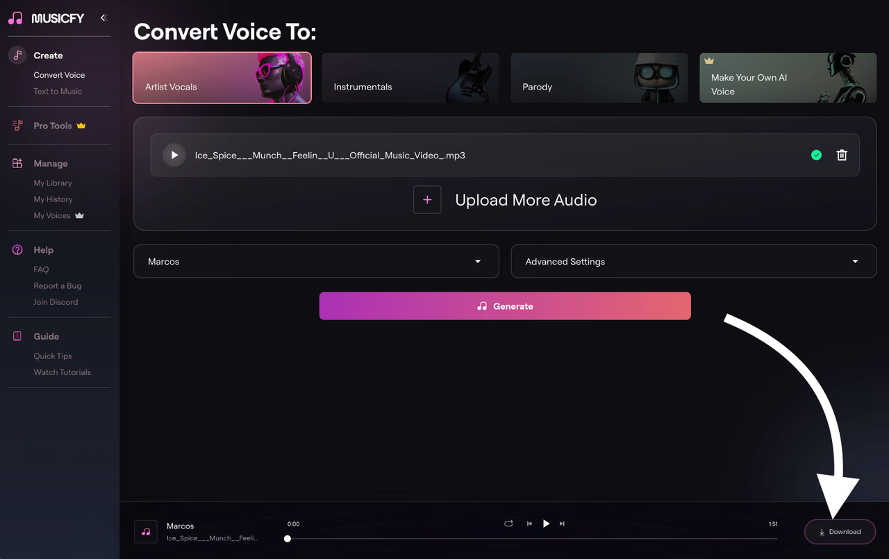 Interface of Musicfy - an easy way to generate K-pop AI voice