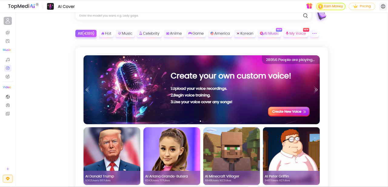 Interface of TopMediaAI - the best way to make K-pop AI voice
