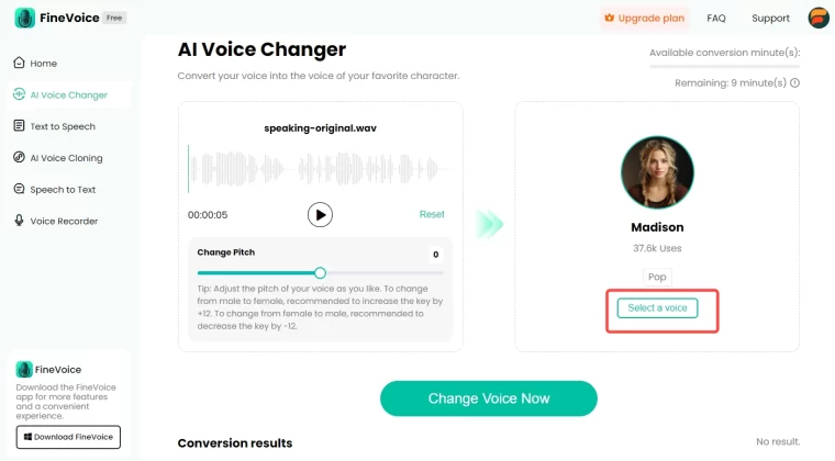 Interface of Fineshare - the perfect way to create K-pop AI voice