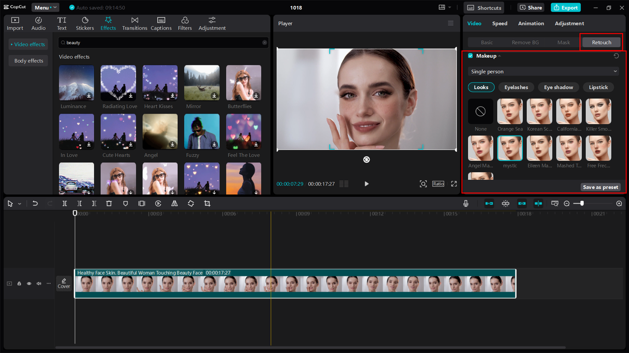 CapCut desktop video editor offers various beauty filters through the retouch feature