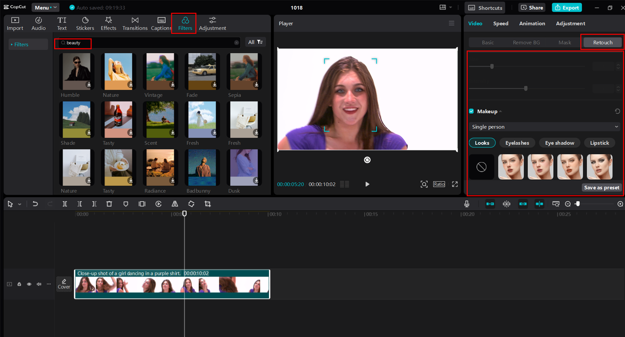 Applying the beauty filter through the retouch feature in CapCut