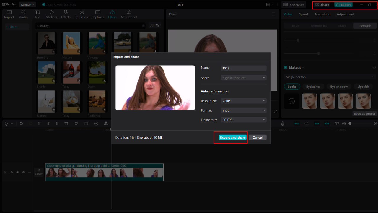 Exporting or sharing the video from the CapCut desktop video editor