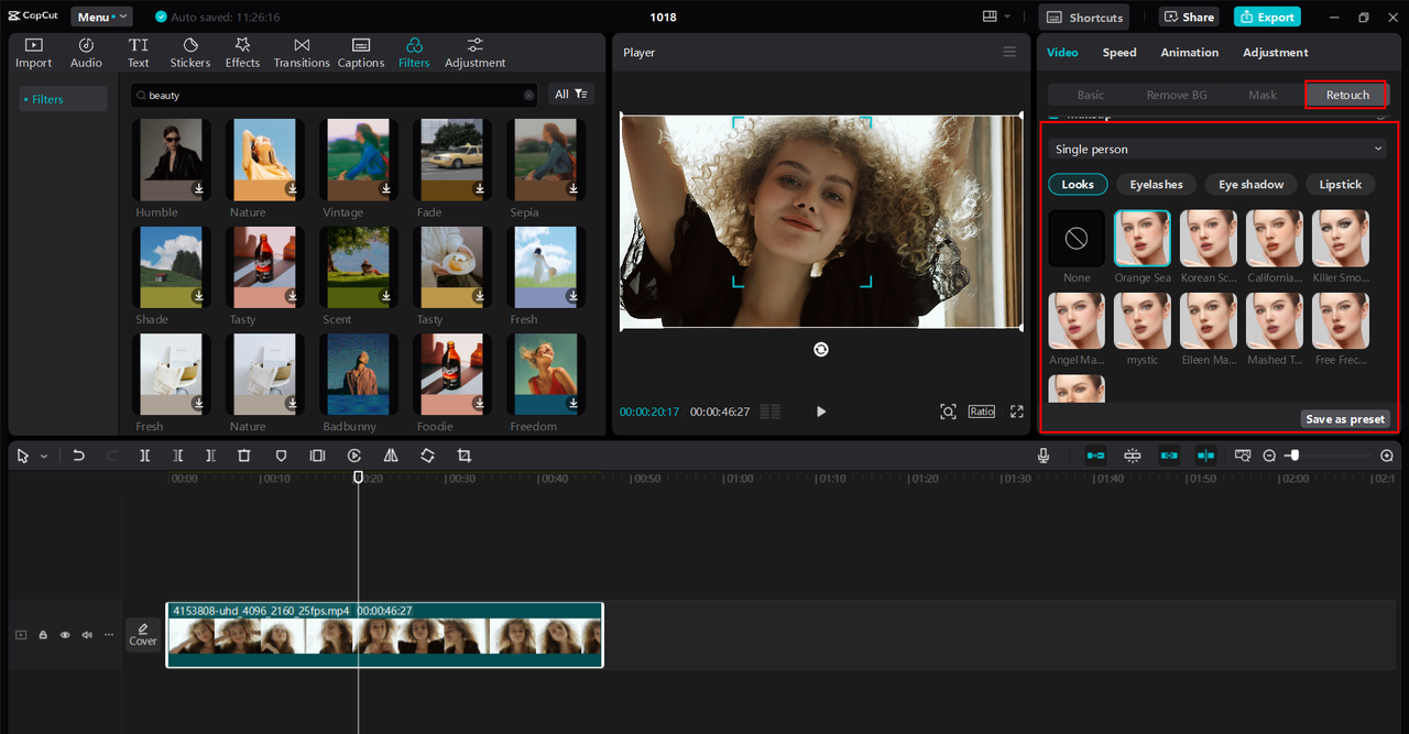 CapCut offers a range of beauty filters in its retouch feature