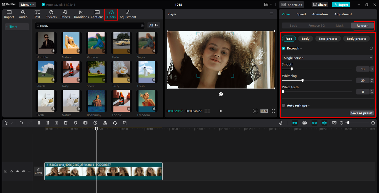 Applying the beauty filters through retouching features in CapCut