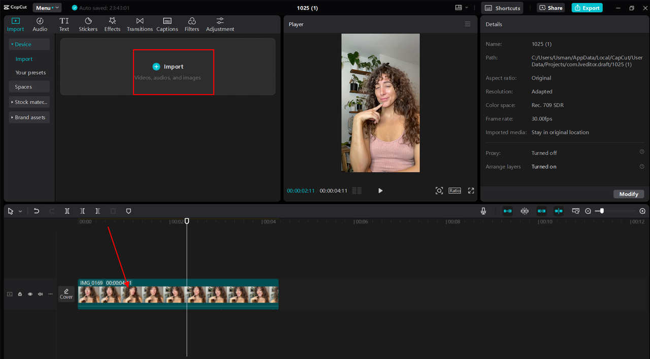 Importing the video in CapCut to apply beauty filters