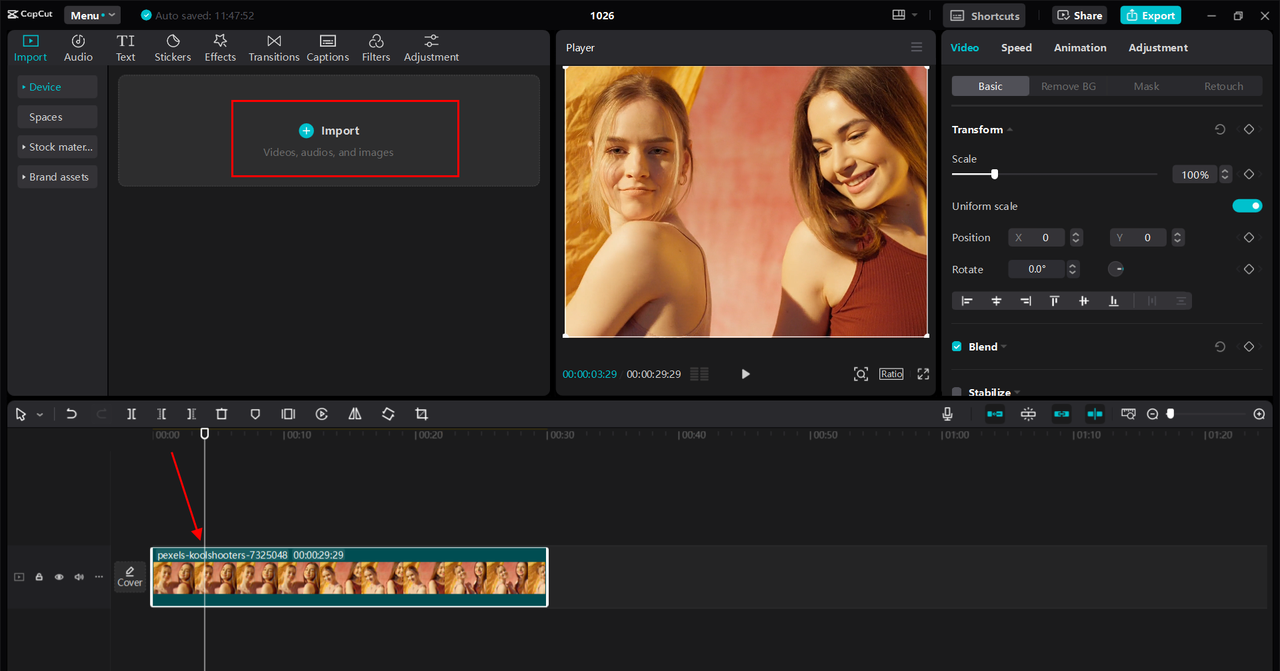 Importing video into CapCut to apply beauty filter