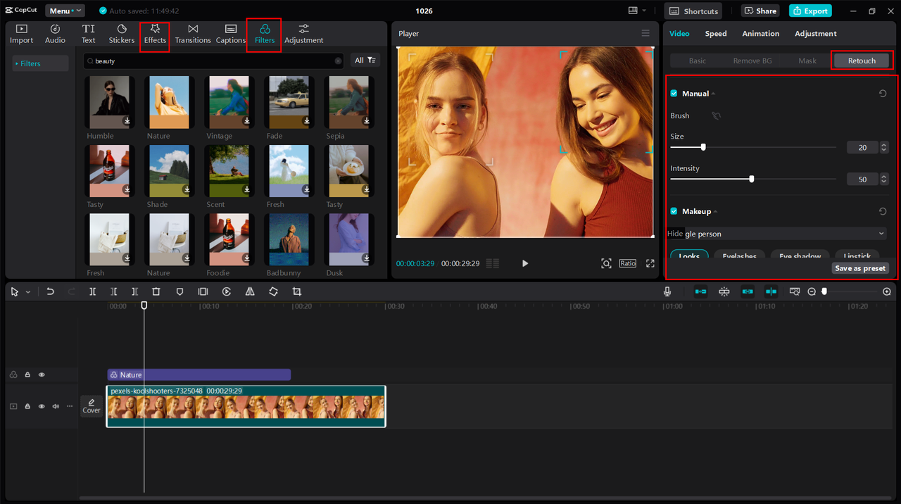 Applying the beauty filter with retouch feature in CapCut desktop editor