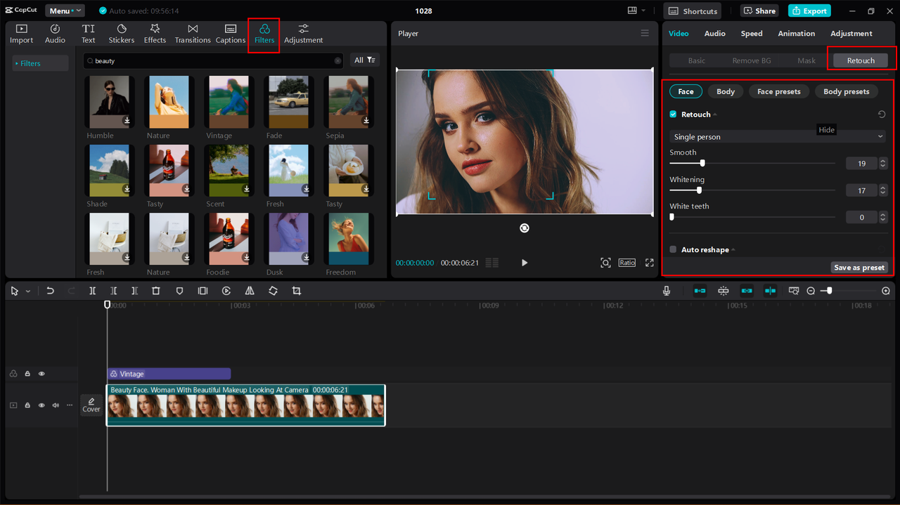 CapCut desktop video editor offers various filters in their face retouching tool