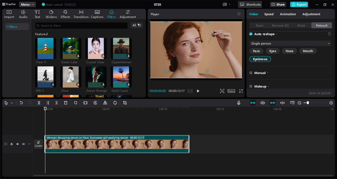 Interface of the CapCut desktop video editor - the best way to get perfect eyebrows filter