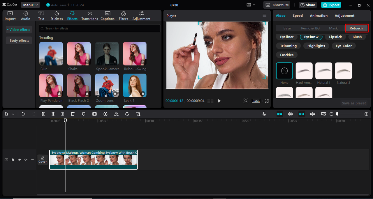 Employing eyebrow filters using the CapCut desktop video editor