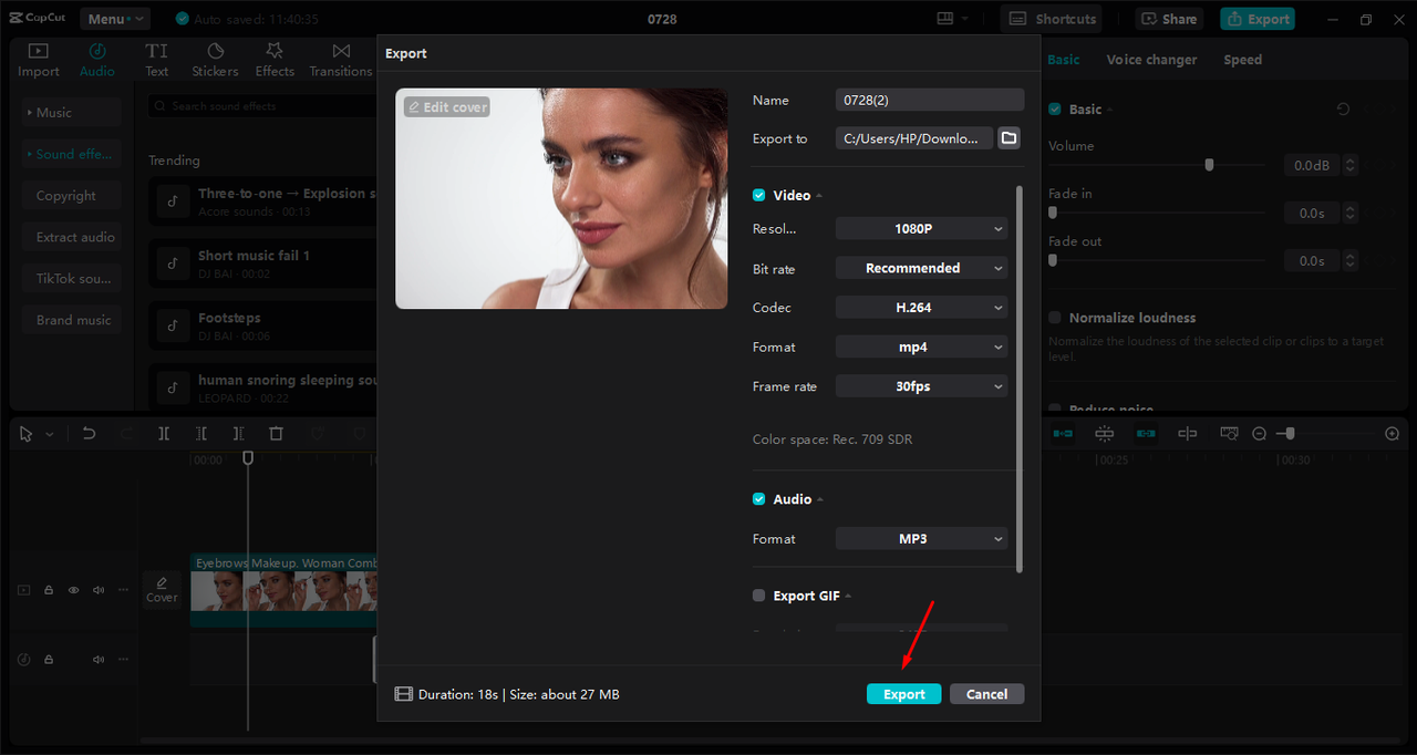 Exporting the video after applying the eyebrow filters in the CapCut desktop video editor 