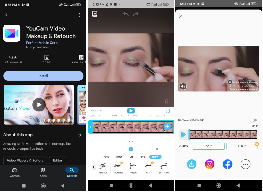 Interface of YouCam Video - the well-known app to reshape your eyebrows