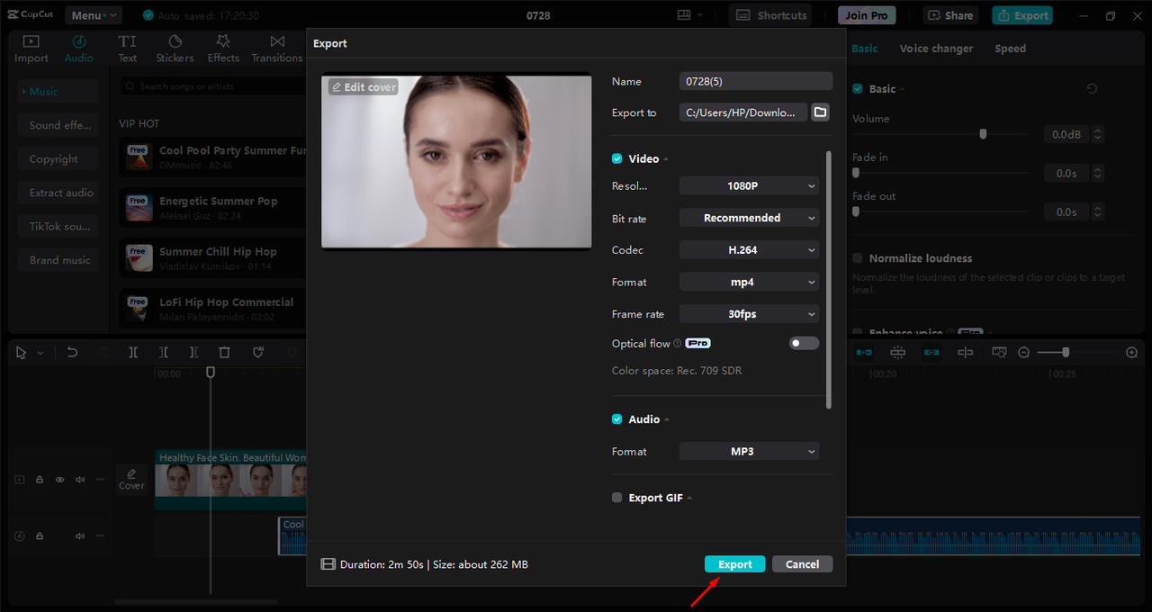 Exporting the video after applying face-slimming filters in the Capcut desktop video editor 