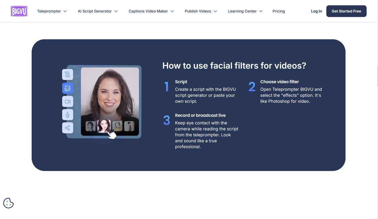 Interface of BigVu - the popular tool to apply face-slimming filters to videos