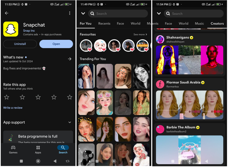 Interface showing how to apply various face-slimming Snapchat filter