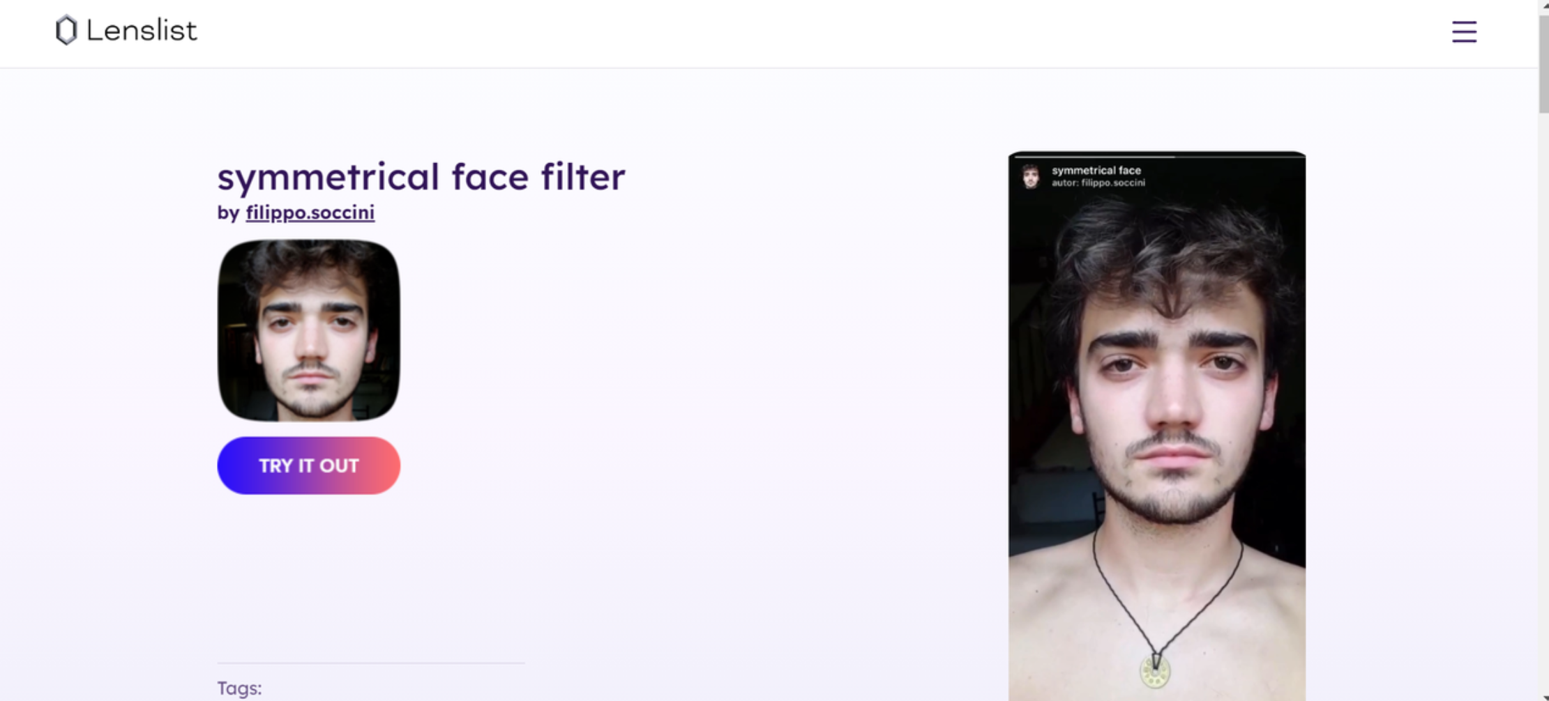 Interface of Lenslist - a reliable platform for applying a symmetrical face filter to videos