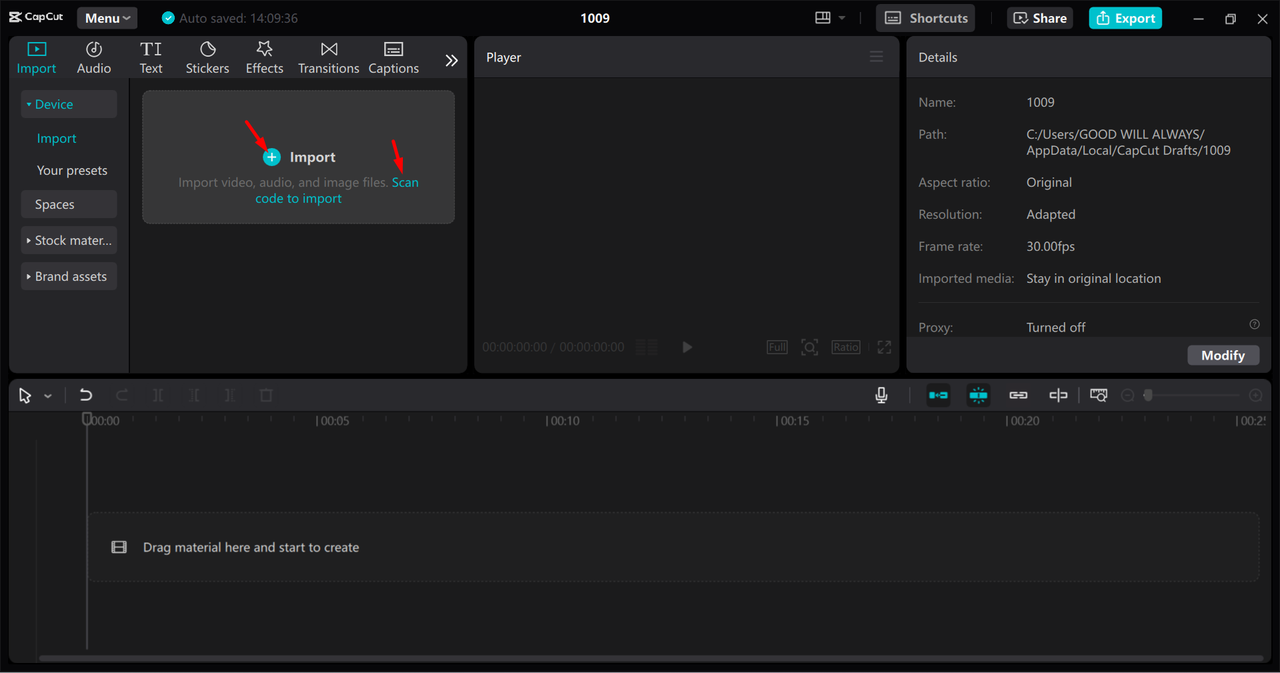 Importing media from the device into CapCut desktop video editor