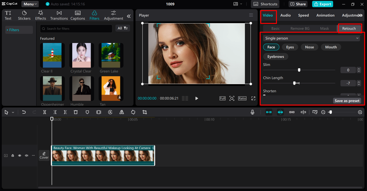 Using the auto-reshape feature to adjust facial features in the CapCut desktop video editor