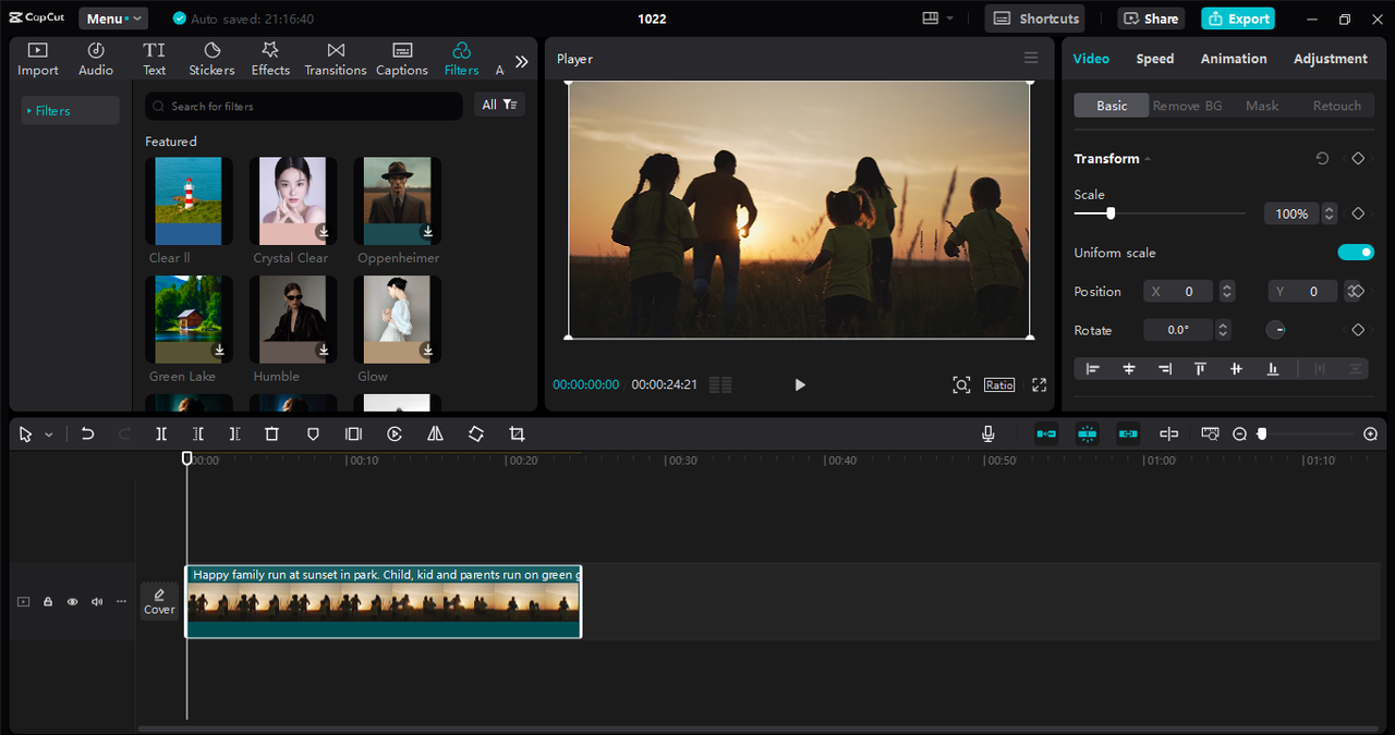 Editing interface of CapCut desktop video editor - the professional tool to add diverse filters to your Instagram videos