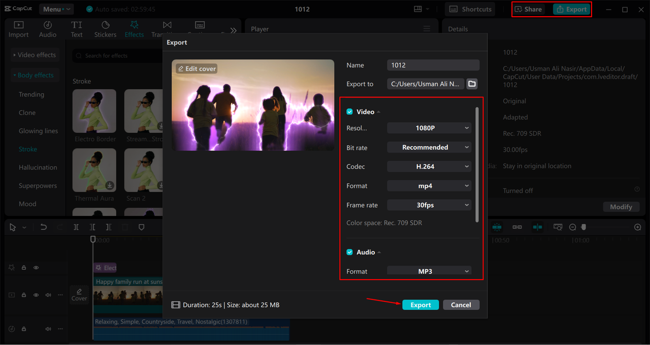 Exporting the video from the CapCut desktop video editor