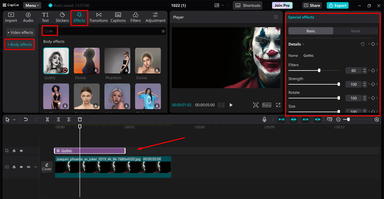 Adding the SFX effects to a movie in the CapCut desktop video editor