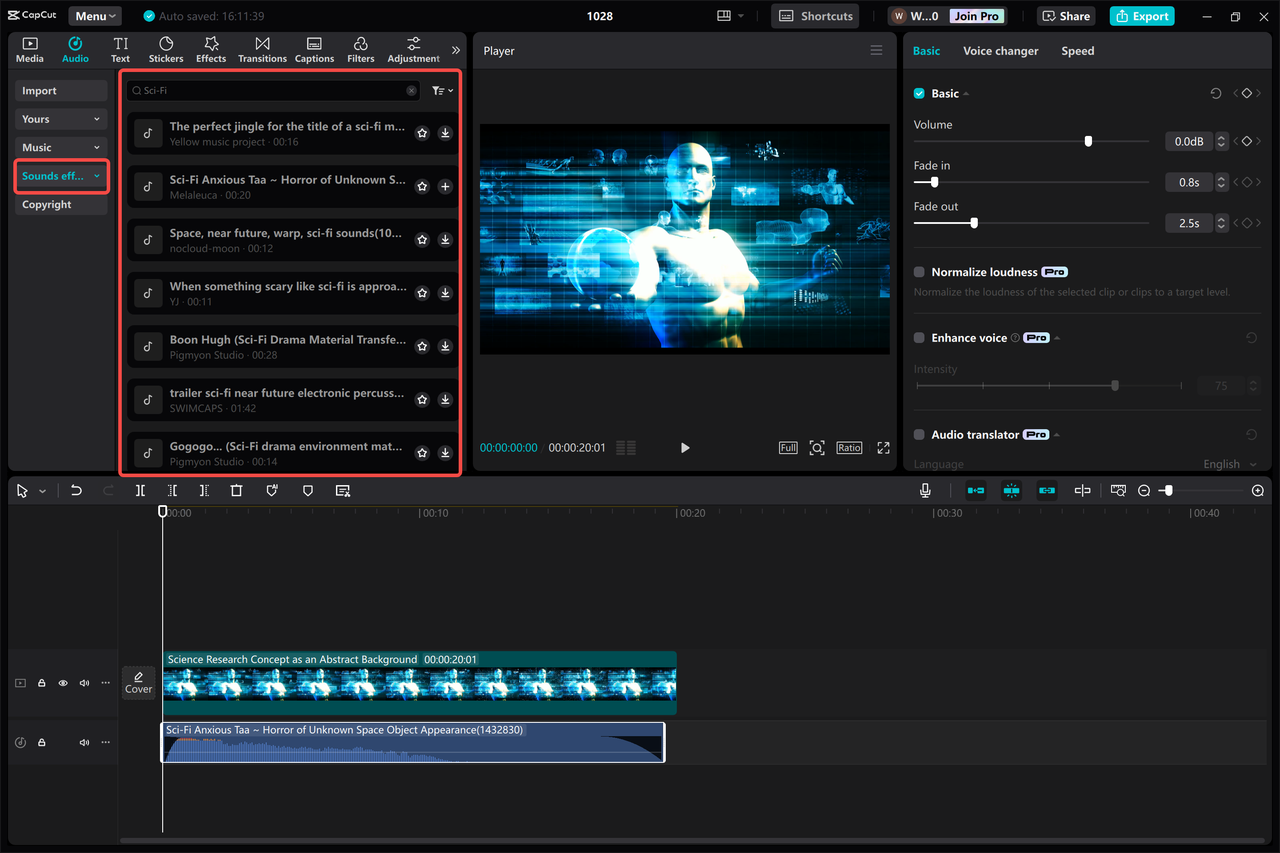 downloading sci-fi sound effects in CapCut desktop video editor