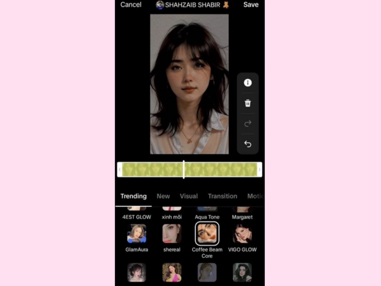 TikTok beauty filter app interface: using coffee bean core filter